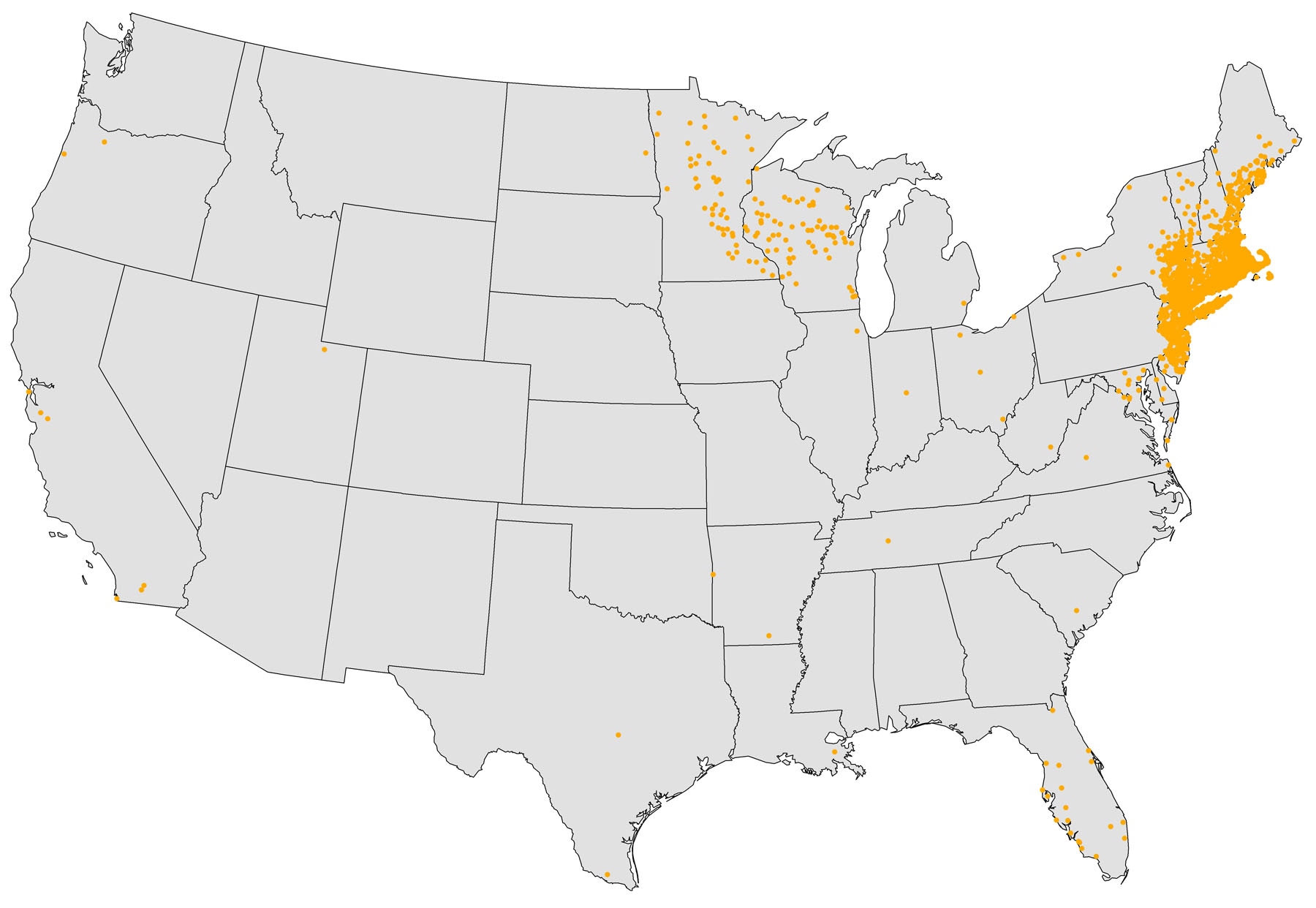 US map showing where cases of Babesiosis have been reported. Cases are concentrated in the Northeastern corner of the U.S.