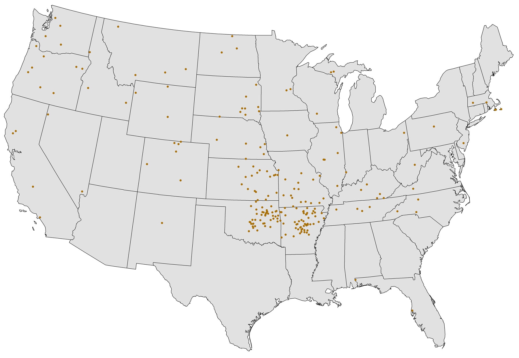 US map showing where cases of Tularemia have been reported. Cases are concentrated in the middle part of the U.S.