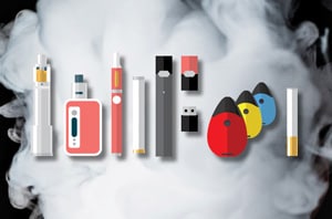 imagen de varios tipos diferentes de cigarrillos electrónicos y dispositivos de vapeo