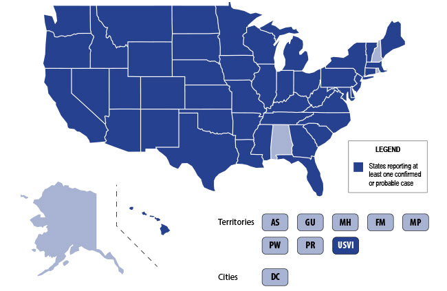 U.S. States & Territories map states that possible cases of lung illness associated with the use of e-cigarette products. AR, AZ, CA, CO, CT, DE, FL, GA, HI, IA, ID, IL, IN, KS, KY, LA, MA, ME, MD, MI, MN, MO, MT, MS, NC, ND, NE, NJ, NM, NV, NY, OH, OK, OR, PA, SC, SD, TN, TX, UT, VA, VT, WA, WI, WV, WY, and USVI.