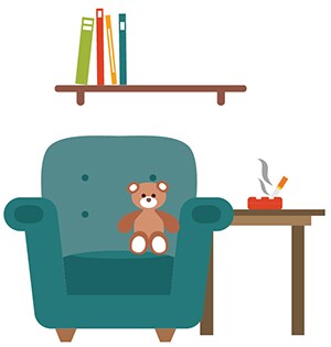 Chair, bookshelf and teddybear image
