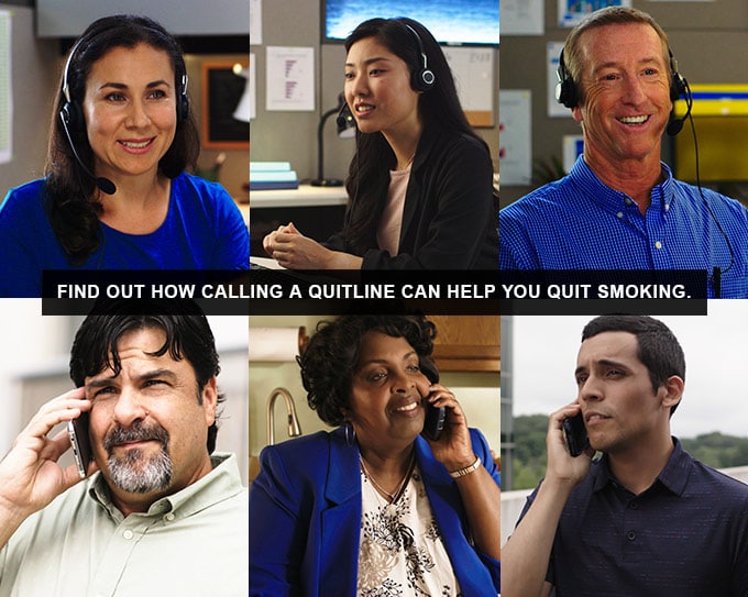 Find out how calling a quitline can help you quit smoking - picture of a diverse group of people on the phone