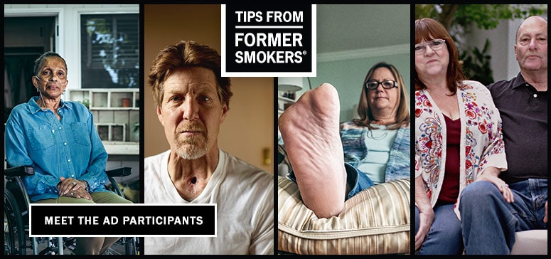 Tips from Former Smokers montage with meet the ad participants Tonya, Michael F., Leah and Assad, and Christine