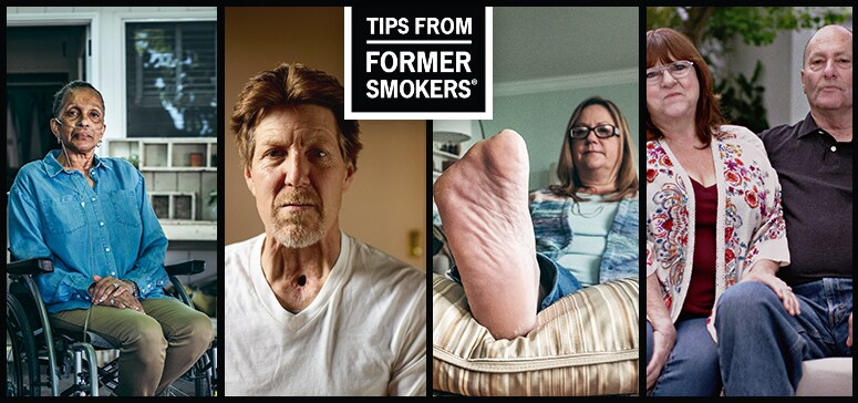 Tips from Former Smokers montage showing participants Tonya, Michael F., Leah and Asaad, and Christine