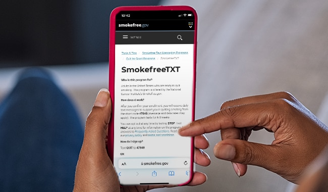 smartphone with the words: Smokefree text program