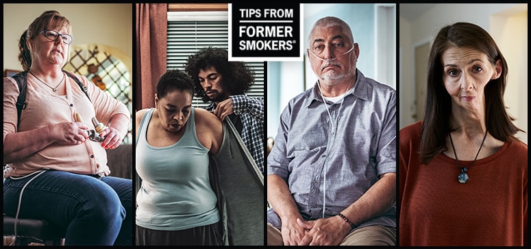 Tips from Former Smokers montage showing participants Tonya, Michael F., Leah and Asaad, and Christine