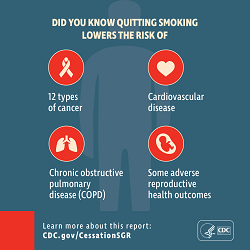 Did you know quitting smoking lowers the risk of...12 types of cancer, cardiovascular disease, COPD, and some adverse reproductive outcomes.