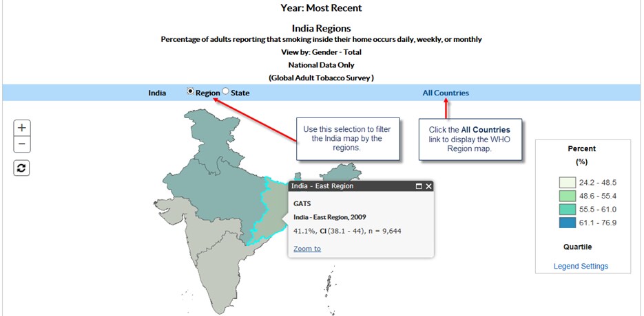 1. Use this selection to filter the India map by the regions. 2. Click the All Countries link to display the WHO Region map.
