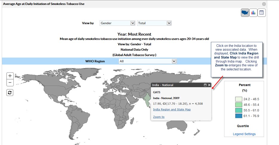 Click on the India location to view associated data. When displayed, click 'India Region and State Map' to view the drill through India map. Clicking 'Zoom to' enlarges the view of the selected location.