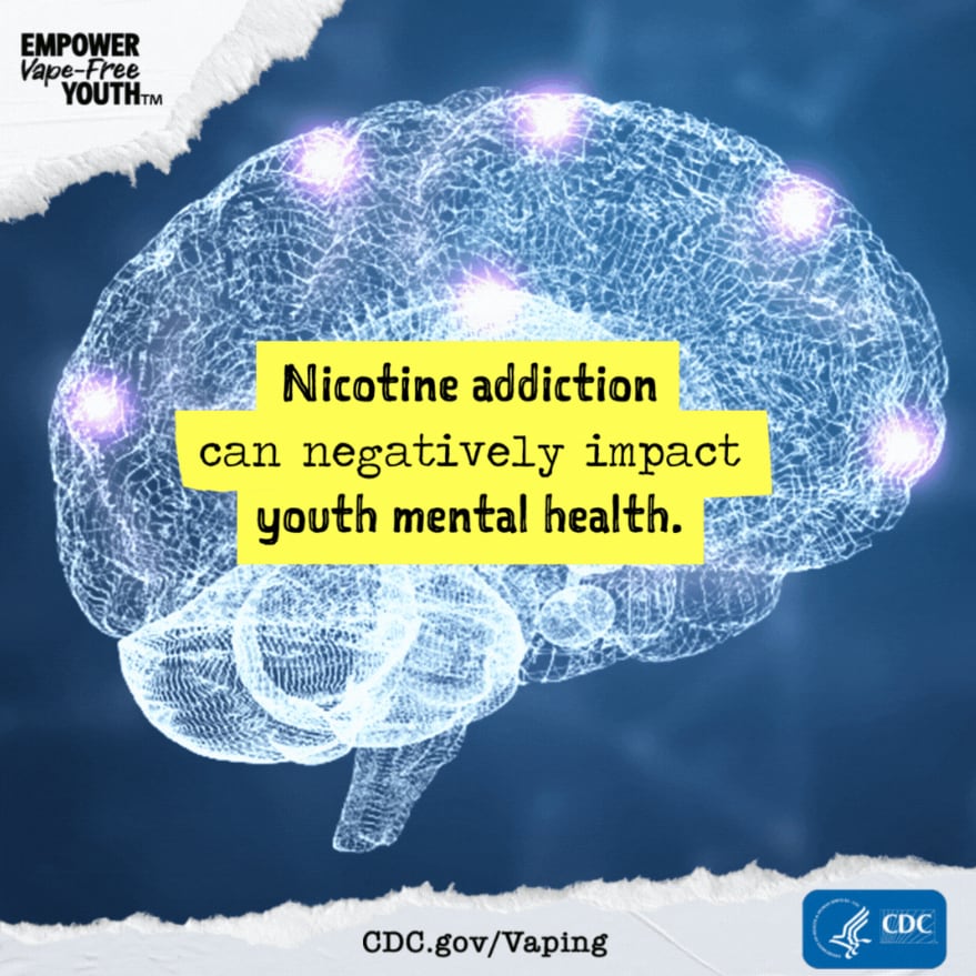 Empower Vape-Free Youth ad featuring a brain graphic and message about the connection between nicotine addiction and youth mental health.