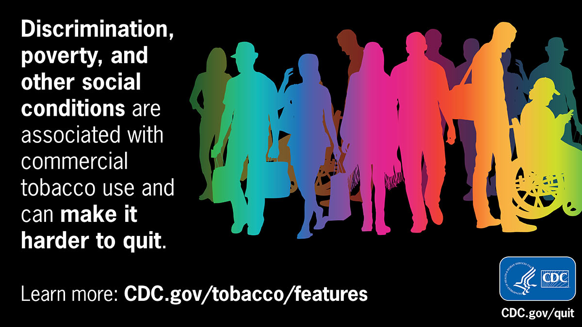 Neon silhouettes of people in a colorful illustration against a black background with label: Discrimination, poverty, and other social conditions are linked to commercial tobacco use and can make it harder to quit.