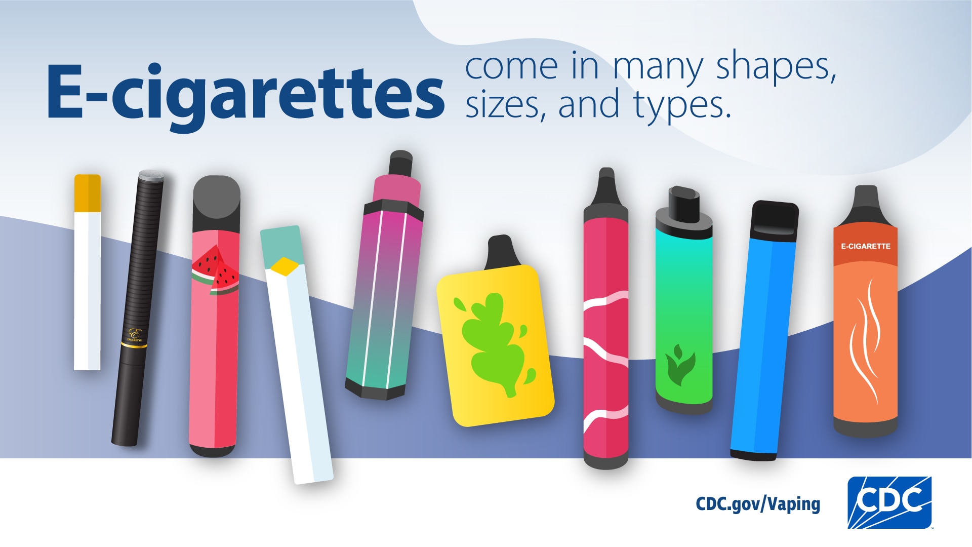 Visual depictions of e-cigarette and vaping devices in different shapes, sizes, and colors