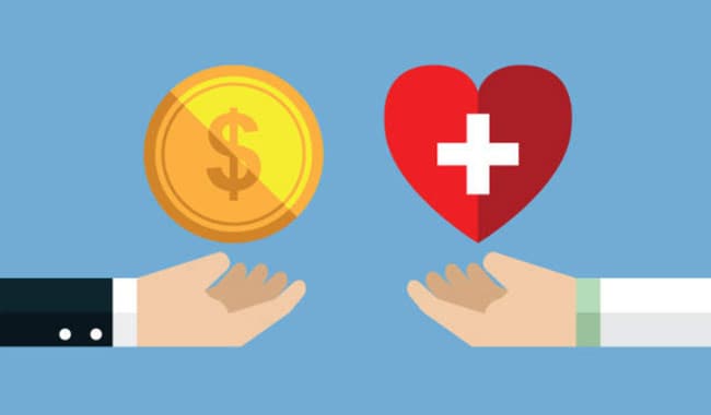 clip art with money hovering over left hand and heart with medical symbol over right hand