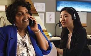 Split screen of woman on a call with insurance representative