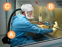 Man working in a BSL-3 lab wearing PPE, including a powered air purifying respirator. He is working within a BSC. Self-closing locked doors are in the background of the work station.