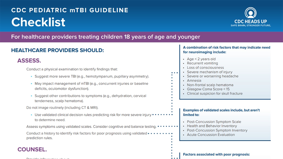 CDC pediatric mTBI guideline checklist