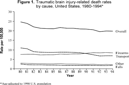 Figure 1. Traumatic brain injury-related death rates by cause, United States, 1980-1994