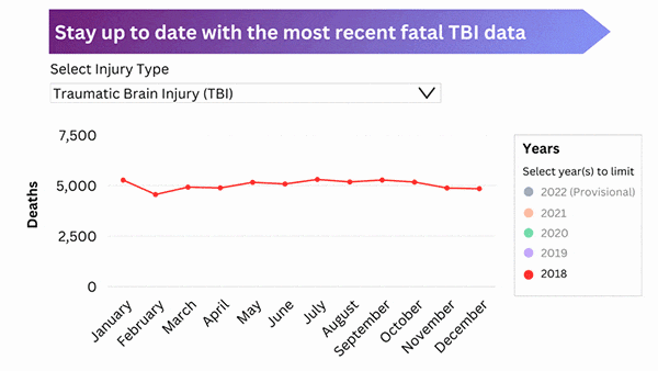 An animated chart of TBI fatal injury data, showing how selecting various years loads different sets of data.