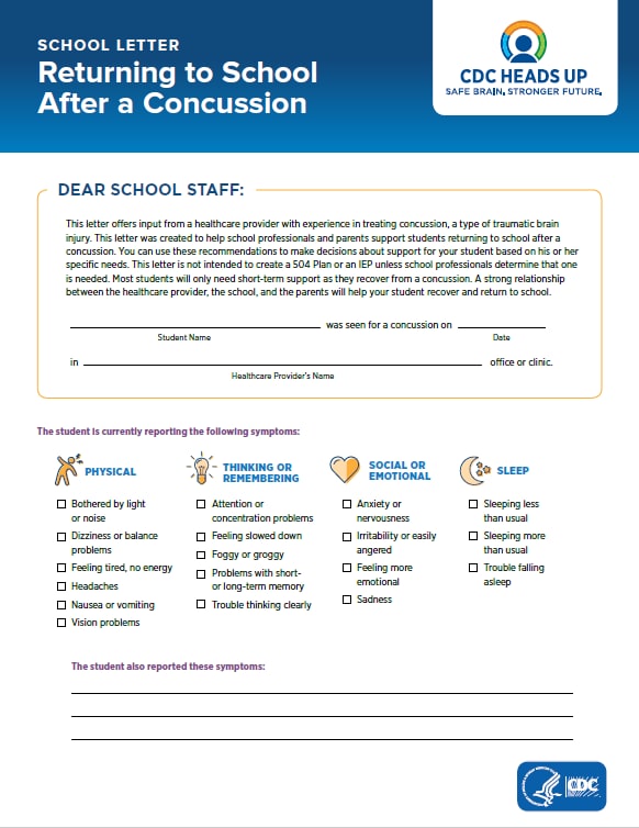 School Letter: Returning to School After a Concussion