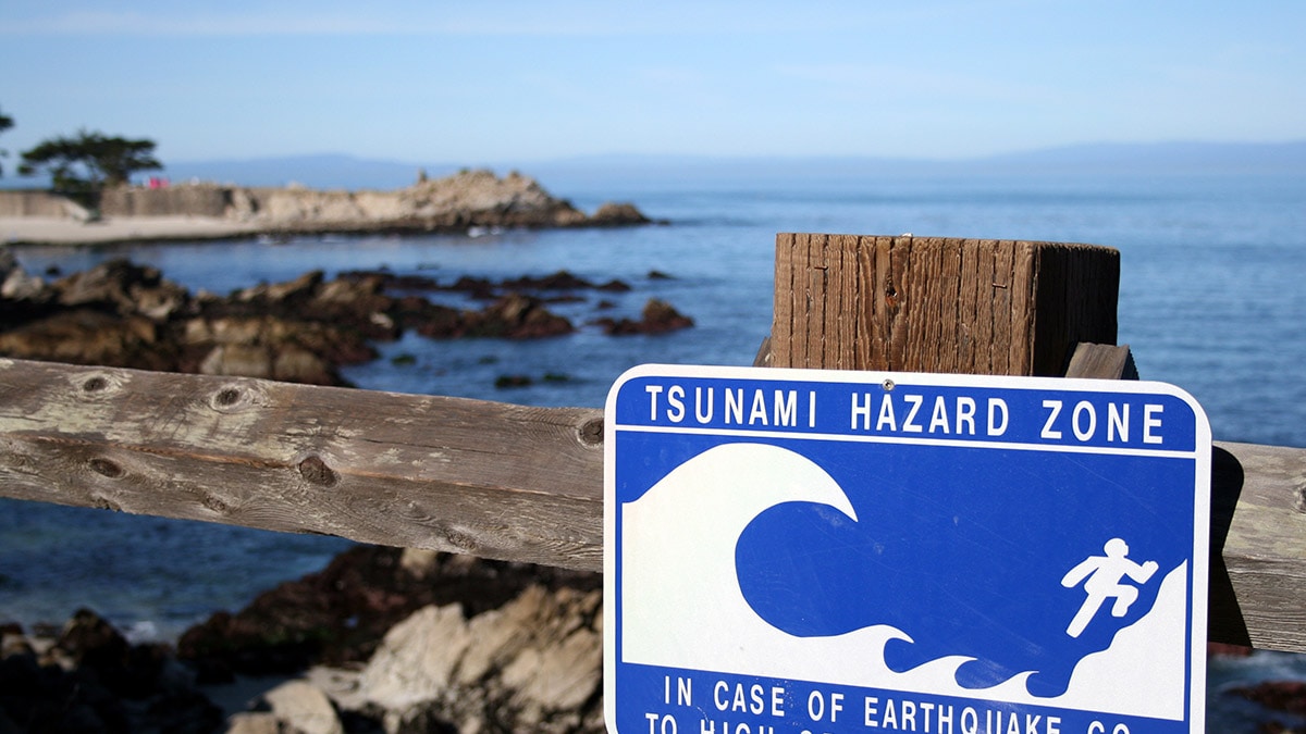 Blue and white tsunamis hazard zone sign at the beach, with an image and text that warn patrons to seek higher ground if there is an earthquake.