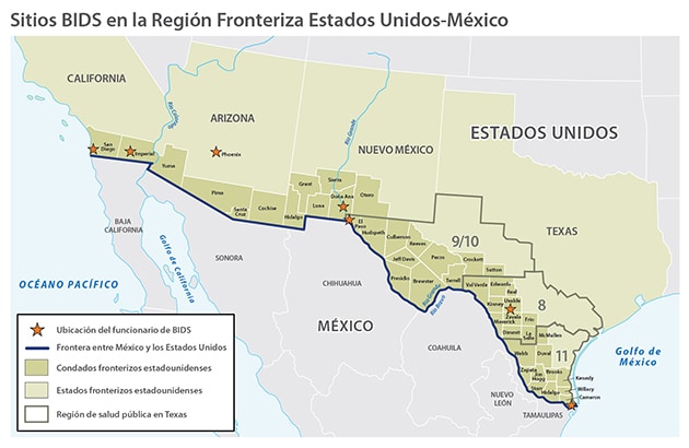 En el mapa de la región del sur de los Estados Unidos y el norte de México, se destacan (de oeste a este) los estados fronterizos estadounidenses de California, Arizona, Nuevo México y Texas y se remarcan las regiones de salud pública 9/10, 8 y 11 de Texas. En el mapa se destacan los condados fronterizos estadounidenses. Del oeste al sudeste, en California, los condados fronterizos incluyen a los de San Diego e Imperial; en Arizona, los condados fronterizos son los de Yuma, Pima, Santa Cruz y Cochise; en Nuevo México, los condados fronterizos incluyen a los de Hidalgo, Grant, Luna, Sierra, Doña Ana y Otero; la región de salud pública 9/10 de Texas incluye a los condados fronterizos de El Paso, Hudspeth, Culberson, Jeff Davis, Reeves, Presidio, Pecos, Brewster, Terrell, Crockett y Sutton; la región de salud pública 8 de Texas incluye a los condados fronterizos de Val Verde, Edwards, Kinney, Maverick, Real, Uvalde, Zavala, Dimmit, Frio y La Salle; y la región de salud pública 11 de Texas incluye a los condados fronterizos de Webb, Zapata, Jim Hogg, Starr, McMullen, Duval, Brooks, Hidalgo, Kenedy, Willacy y Cameron. Se indica con una estrella a las ciudades donde están ubicados los funcionarios de programa del BIDS (San Diego, CA; Imperial, CA; Phoenix, AZ; Las Cruces, NM; El Paso, TX; Uvalde, TX; y Harlingen, TX)
