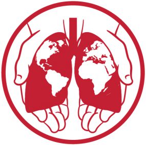 Two hands holding a pair of lungs, with globe superimposed on top