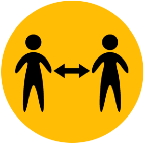 black icon of two people social distancing on yellow background