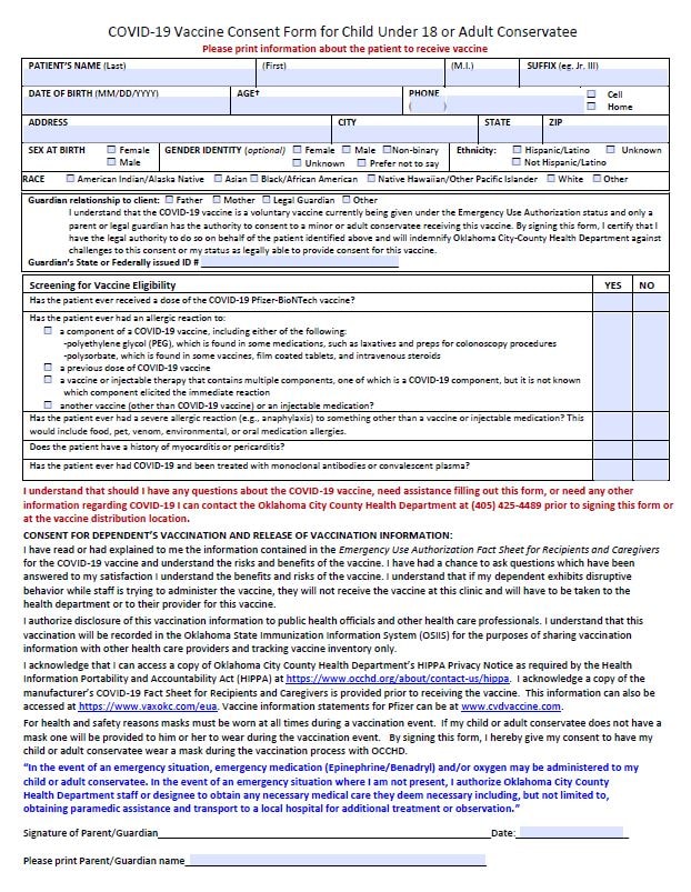COVID-19 vaccine consent form for child under 18 or adult conservatee