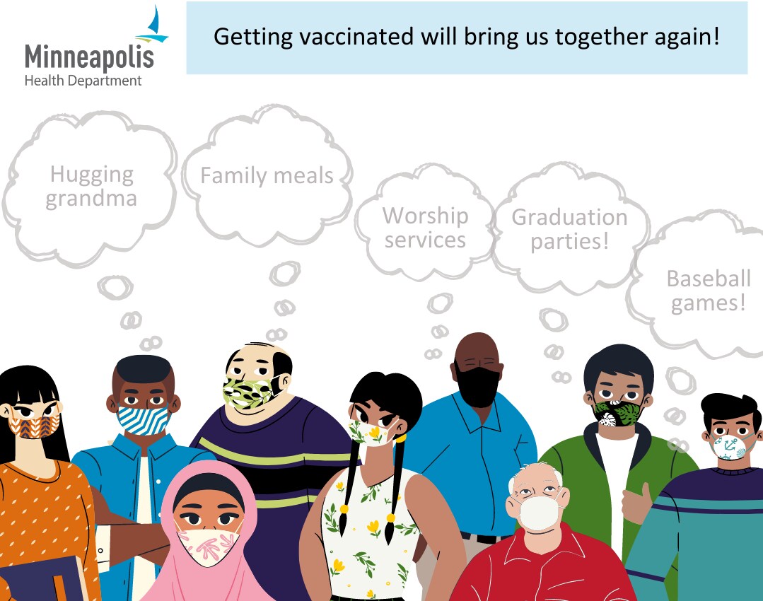 Illustration of people of different backgrounds wearing masks. 'Getting vaccinated will bring us together again!'