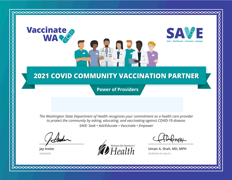 Vaccinate WA. SAVE. 2021 COVID community vaccination partner.