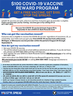 $100 COVID-19 Vaccine Reward Program flyer