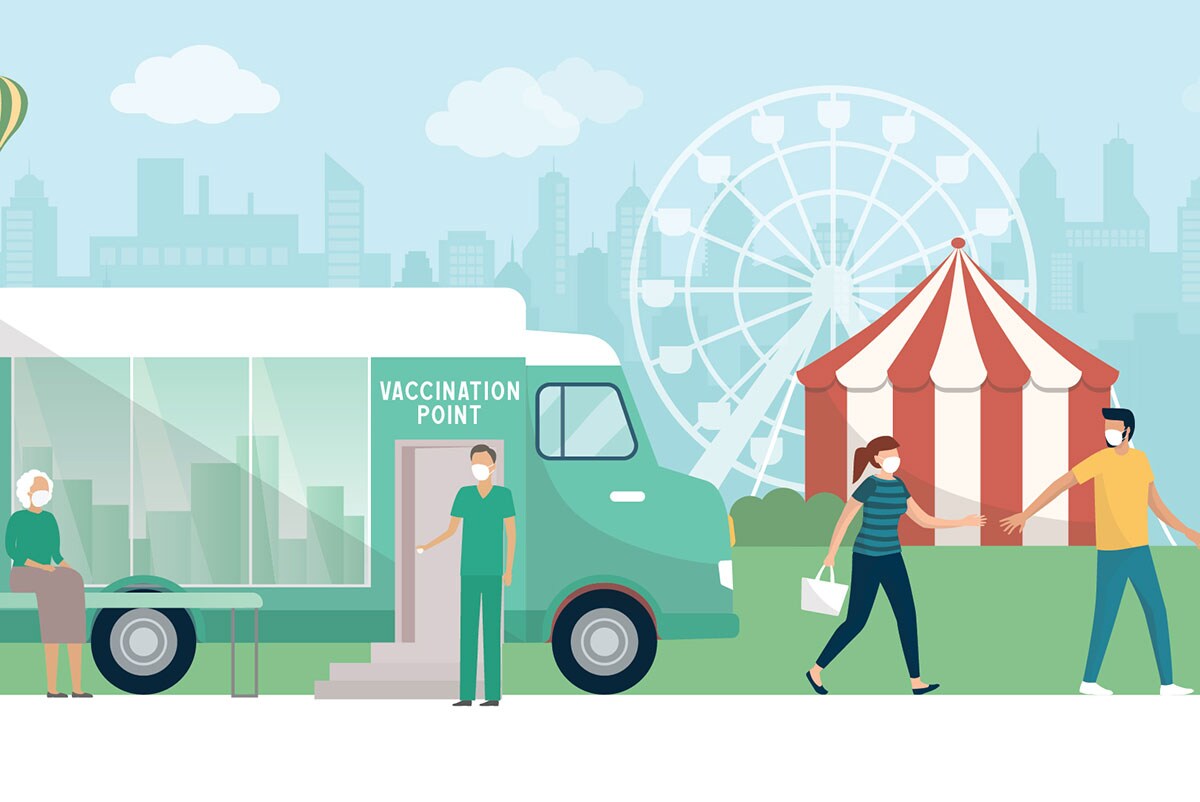 Illustration of a carnival with a mobile vaccination clinic