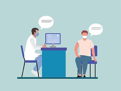 Illustration of a healthcare professional in a mask at a computer talking with a masked patient.
