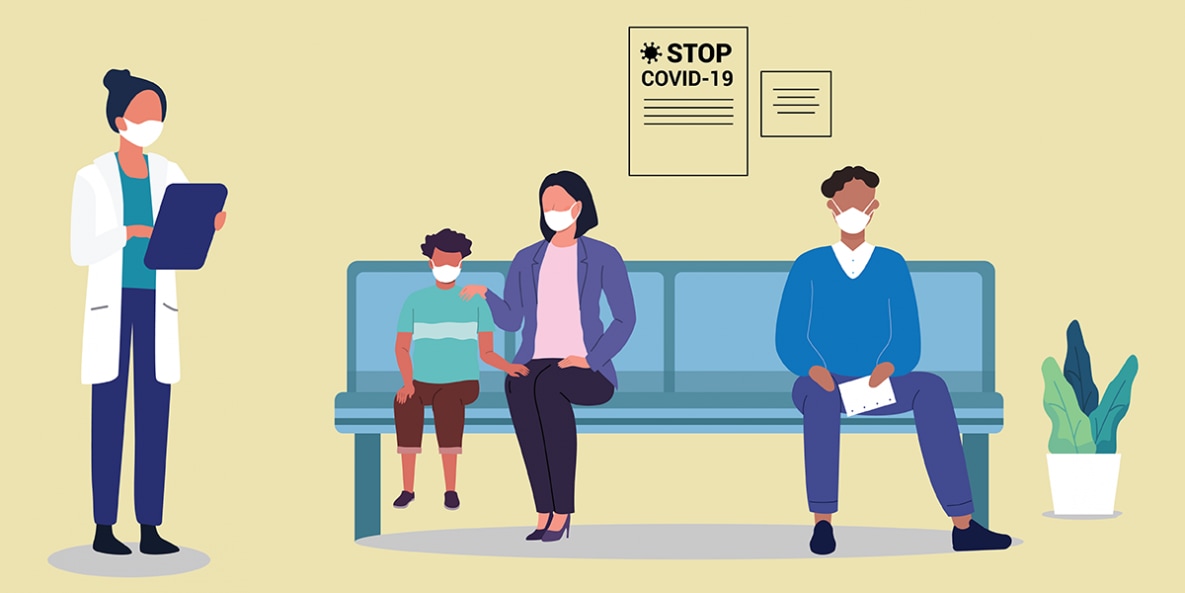 Illustration of people waiting to receive COVID-19 vaccination.