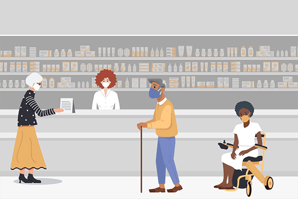 Illustration of seniors in a pharmacy.