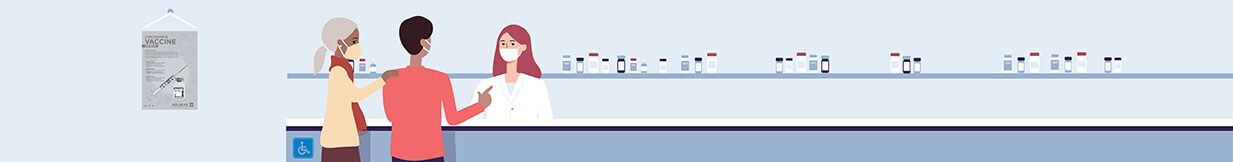 Illustration of people wearing masks at the pharmacy counter.