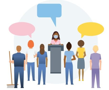 Illustration of people gathered in a discussion, woman standing at podium