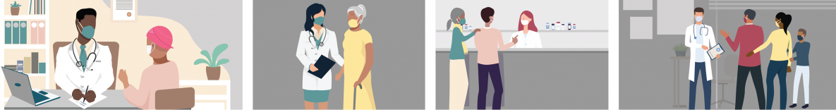 Illustrations of healthcare professionals talking to patients about COVID-19 vaccination.