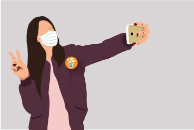 illustration of a woman in a mask taking a selfie of herself with her covid-19 vaccination sticker