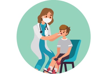 illustration of a nurse in a mask giving a child a covid-19 test