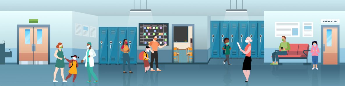 illustration of a school hallway near a school clinic, with students, teachers, and a nurse, all wearing masks