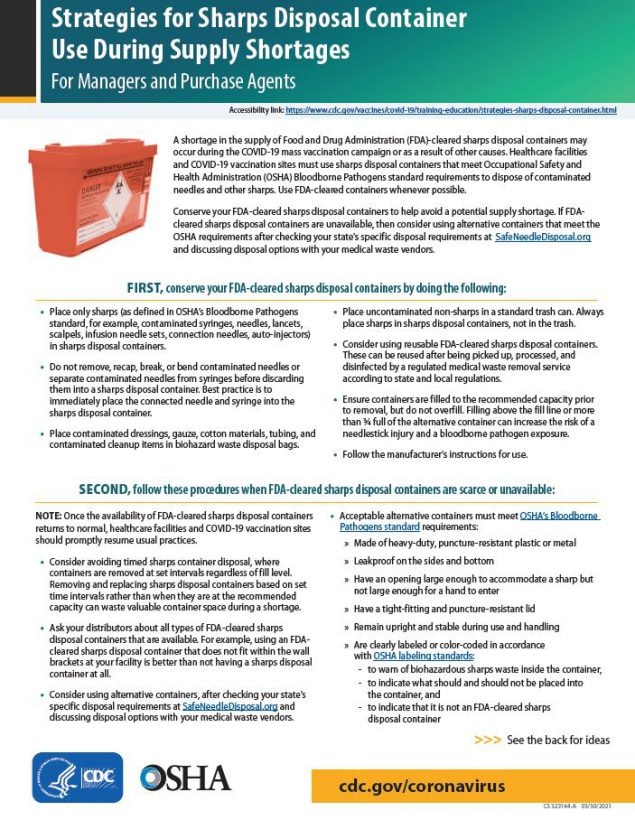 Strategies for Sharps Disposal Container Use During Supply Shortages for Managers and Purchase Agents