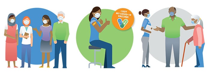 Illustrations of a person getting vaccinated and people standing with masks on