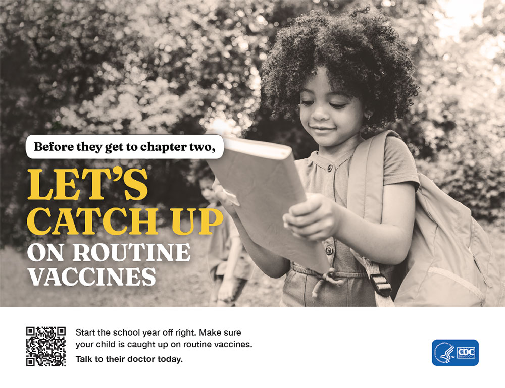 Girl reading outdoors. Text: Before heading back to school, let’s catch up on routine vaccines.