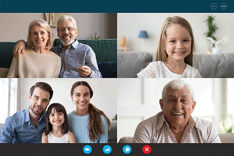 Webcam laptop screen view multigenerational family involved in videocall communication