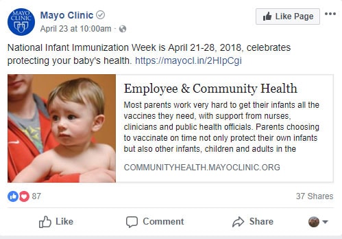 Tweet: Mayo Clinic, National Infant Immunization Week is April 21-28, 2018, celebrates protecting your baby's health.