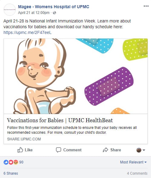 Tweet: Magee - Women's Hospital of UPMC. April 21-28 is National Infant Immunization Week. Learn more about vaccinations for babies and download our handy schedule here.