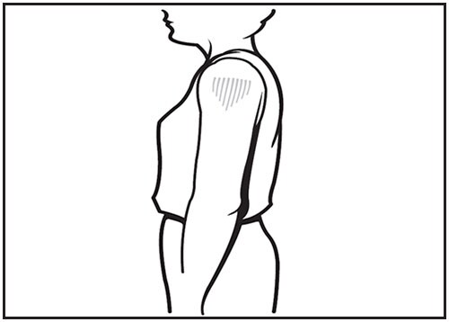 This line drawing is a side view of an adult. The deltoid muscle of the arm is shaded, showing the proper site for intramuscular vaccine administration. 