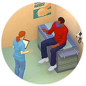 Illustration of doctor and patient talking.