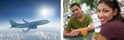 Airliner flying past the sun in blue sky, and a couple sitting at a cafe.